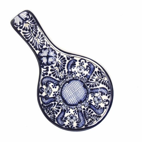 Encantada Handmade Pottery Spoon Rest, Blue Flower - Recetas Fair Trade