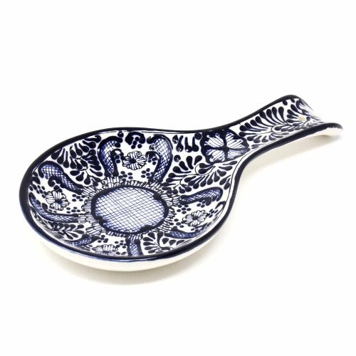 Encantada Handmade Pottery Spoon Rest, Blue Flower - Recetas Fair Trade