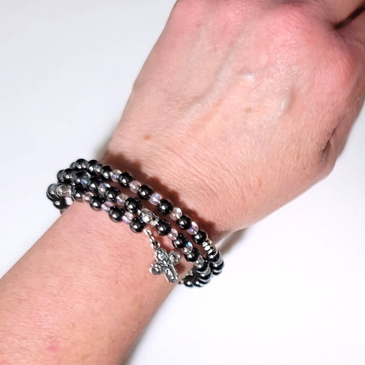 Hematite Bead Wrap Bracelet with Cross Charm - Recetas Fair Trade