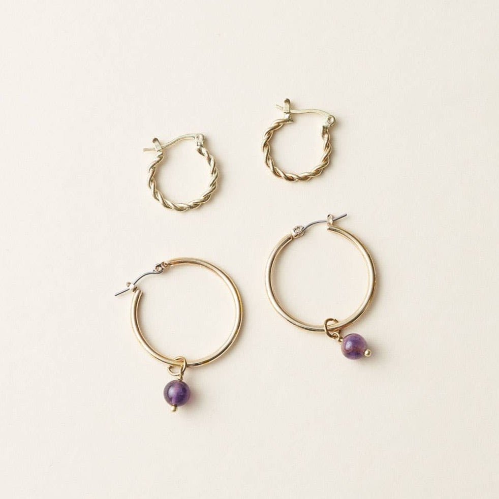 Jambumani Amethyst Mini Gold Hoop Earrings Set of 2 - Recetas Fair Trade