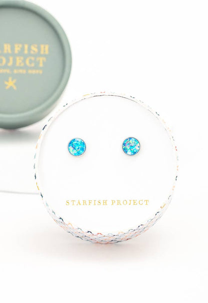 Lora Blue & Silver - White Gold Plated Studs with round Opal Stone - Recetas Fair Trade