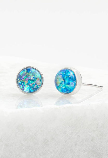 Lora Blue & Silver - White Gold Plated Studs with round Opal Stone - Recetas Fair Trade