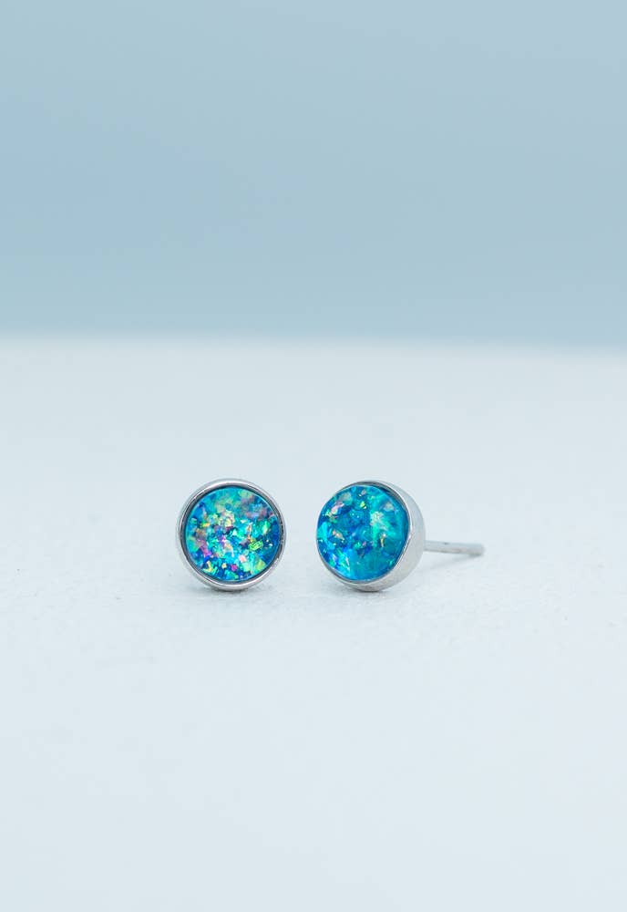 Lora Blue & Silver - White Gold Plated Studs with round Opal Stone - Recetas Fair Trade