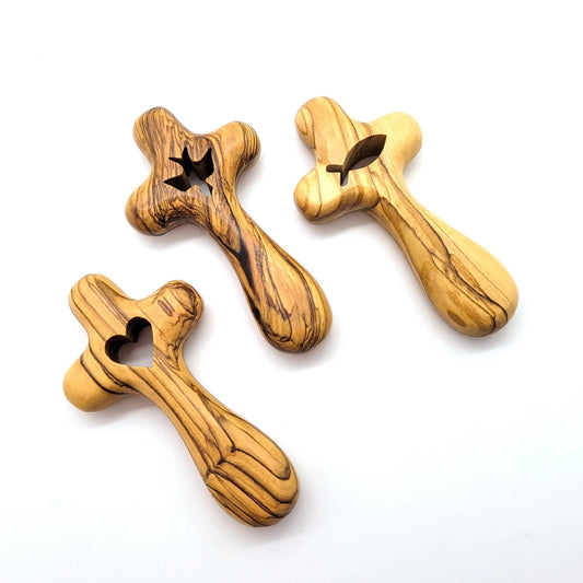 Mini Olive Wood Comfort Holding Cross - Fish - Recetas Fair Trade