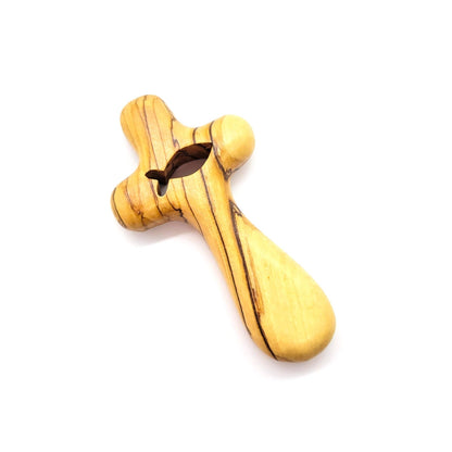 Mini Olive Wood Comfort Holding Cross - Fish - Recetas Fair Trade