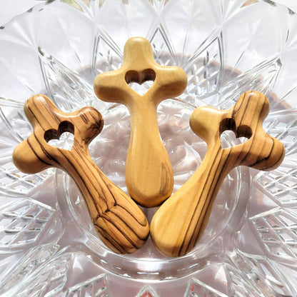 Mini Olive Wood Comfort Holding Cross with Heart - Recetas Fair Trade