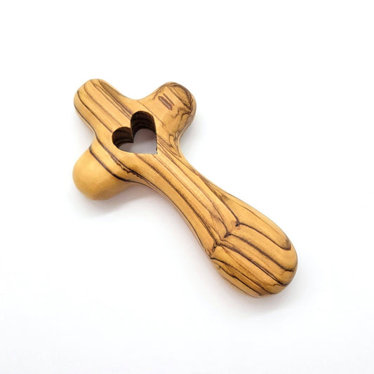 Mini Olive Wood Comfort Holding Cross with Heart - Recetas Fair Trade