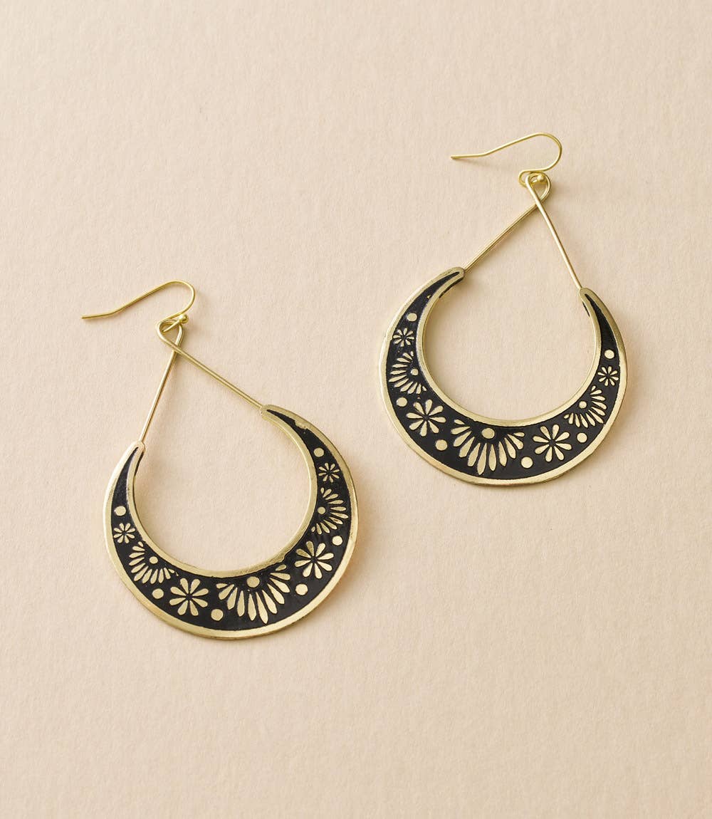 Nisha Crescent Moon Hoop Earrings - Gold, Black - Recetas Fair Trade