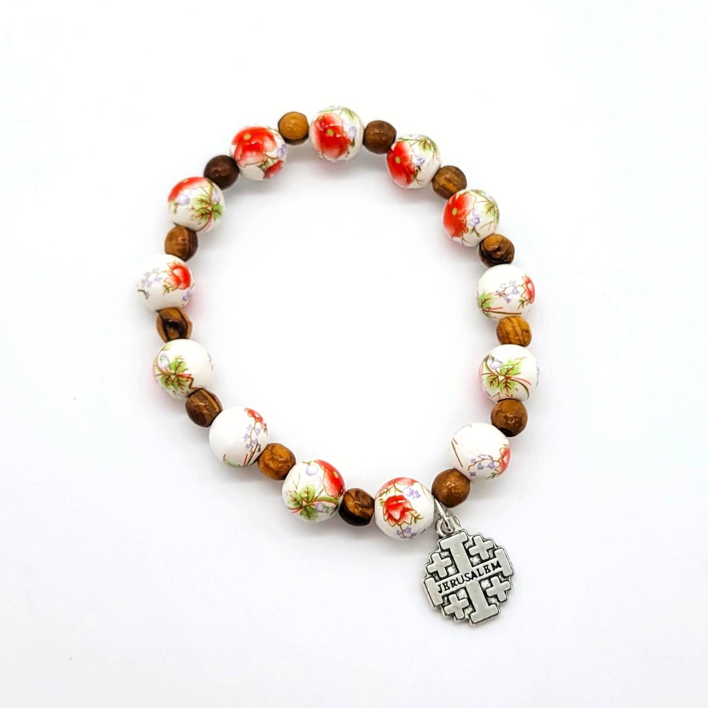 Orange Ceramic Bead Stretch Bracelet with Jerusalem Cross - Recetas Fair Trade