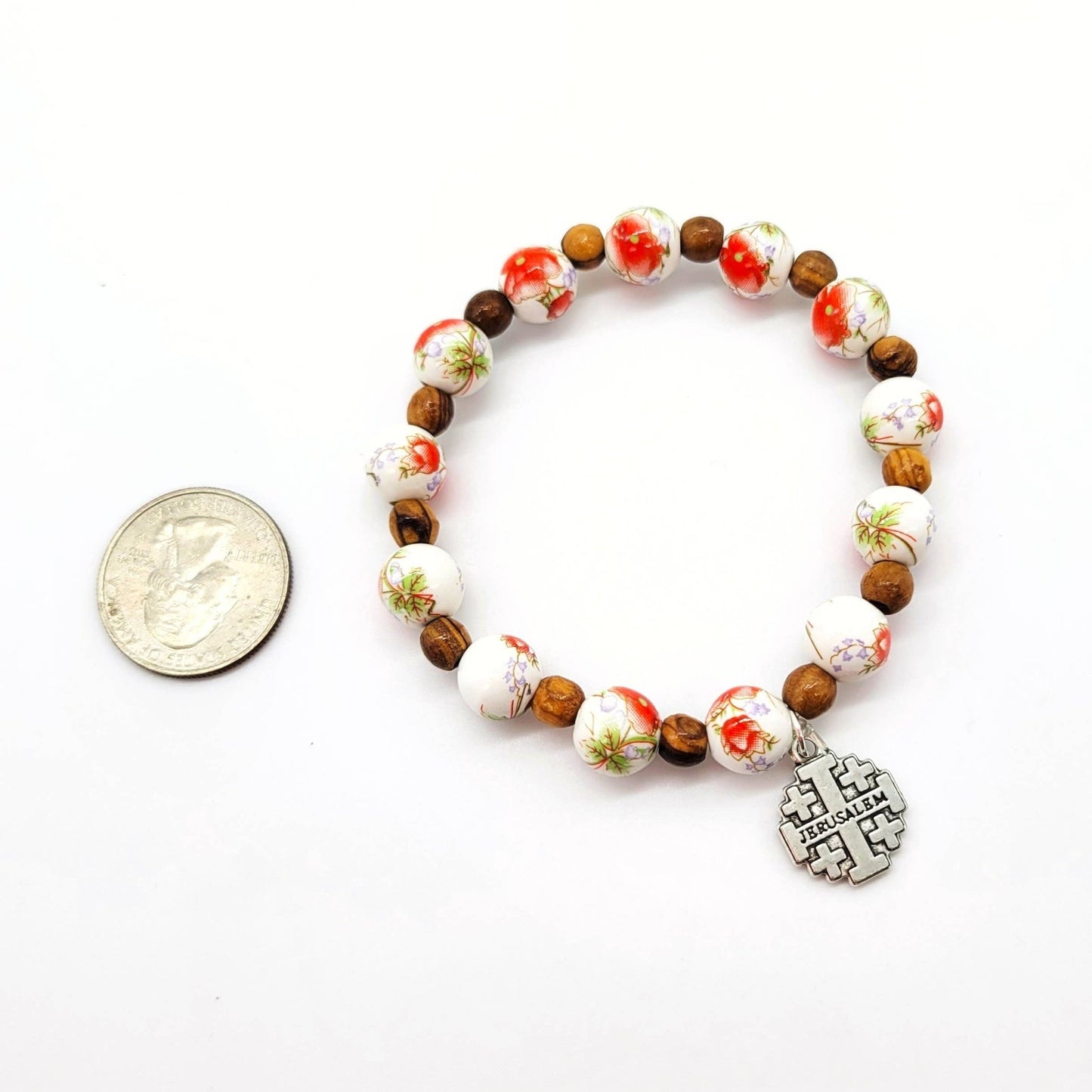 Orange Ceramic Bead Stretch Bracelet with Jerusalem Cross - Recetas Fair Trade