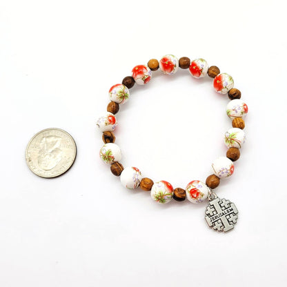Orange Ceramic Bead Stretch Bracelet with Jerusalem Cross - Recetas Fair Trade