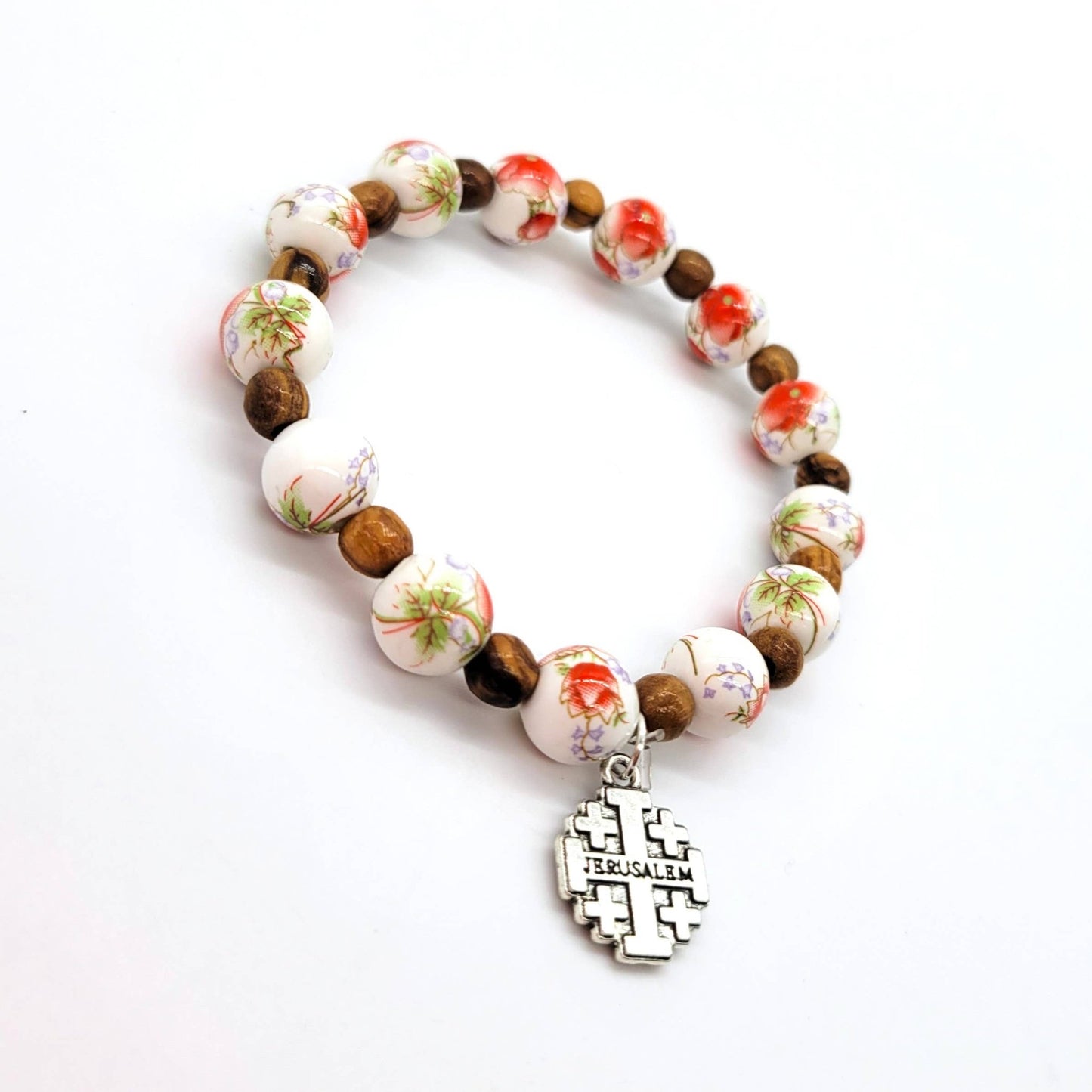 Orange Ceramic Bead Stretch Bracelet with Jerusalem Cross - Recetas Fair Trade