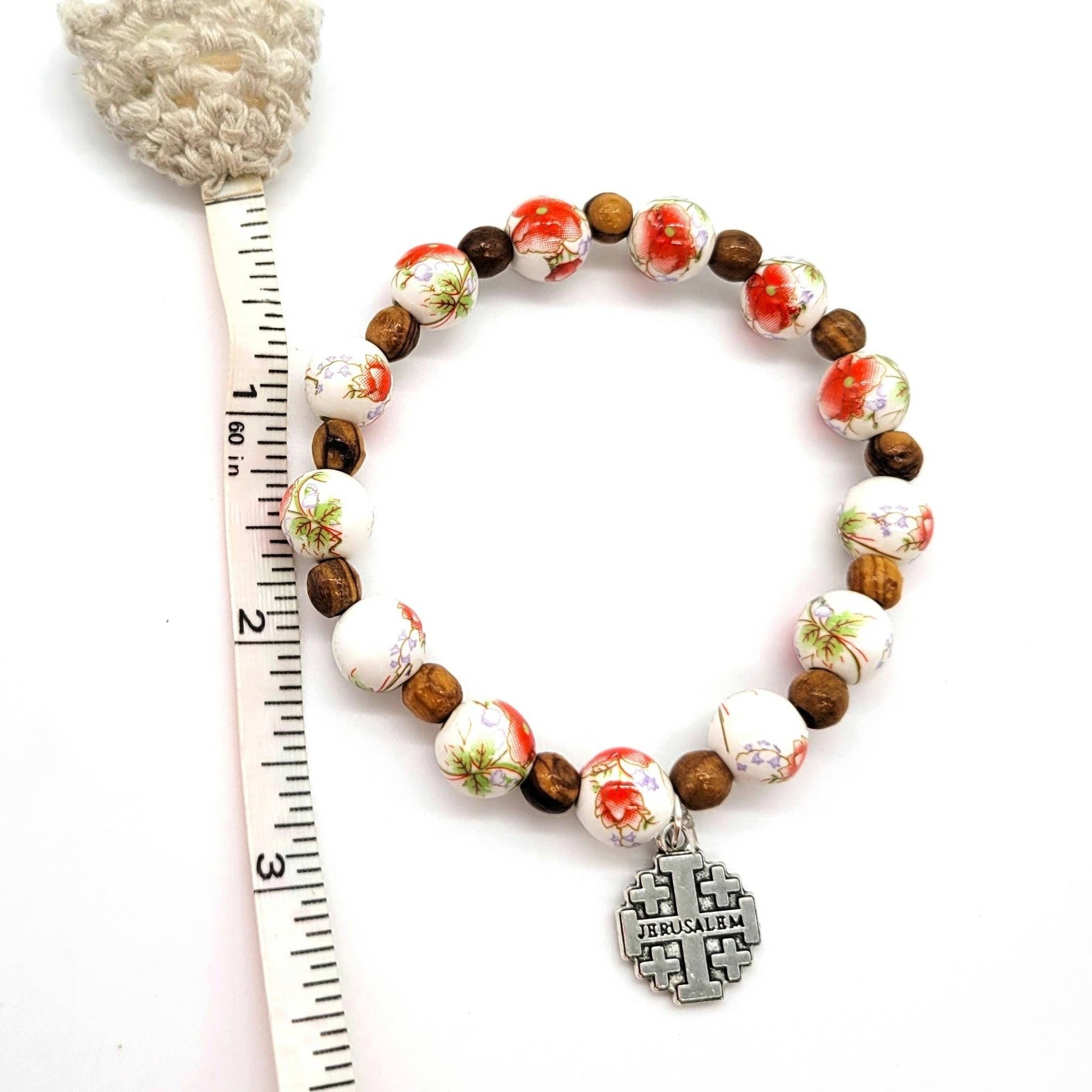 Orange Ceramic Bead Stretch Bracelet with Jerusalem Cross - Recetas Fair Trade