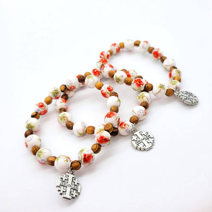 Orange Ceramic Bead Stretch Bracelet with Jerusalem Cross - Recetas Fair Trade