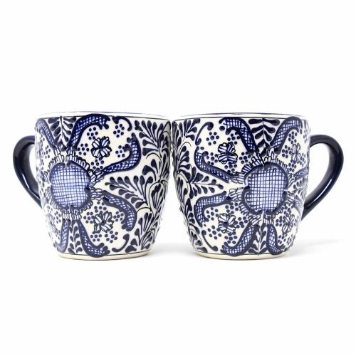 Rounded Mugs - Blue Flowers Pattern, Set of Two - Encantada - Recetas Fair Trade