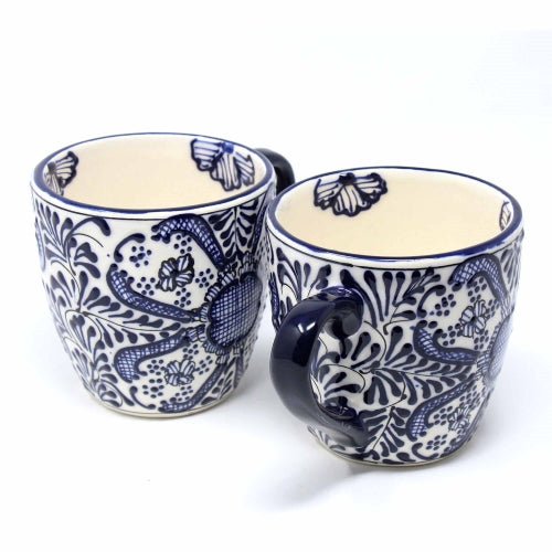 Rounded Mugs - Blue Flowers Pattern, Set of Two - Encantada - Recetas Fair Trade