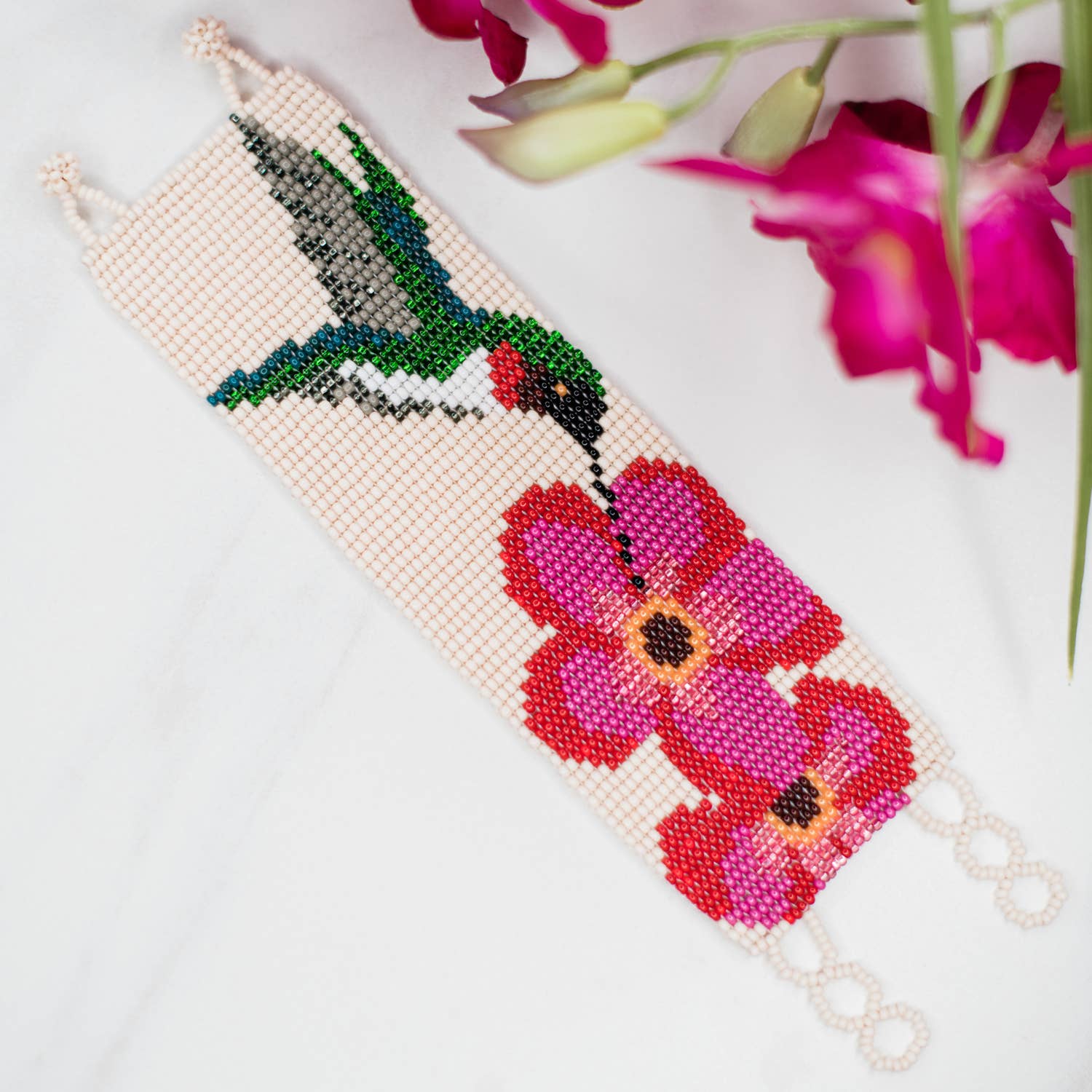 Ruby Hummingbird Beaded Cuff - Recetas Fair Trade
