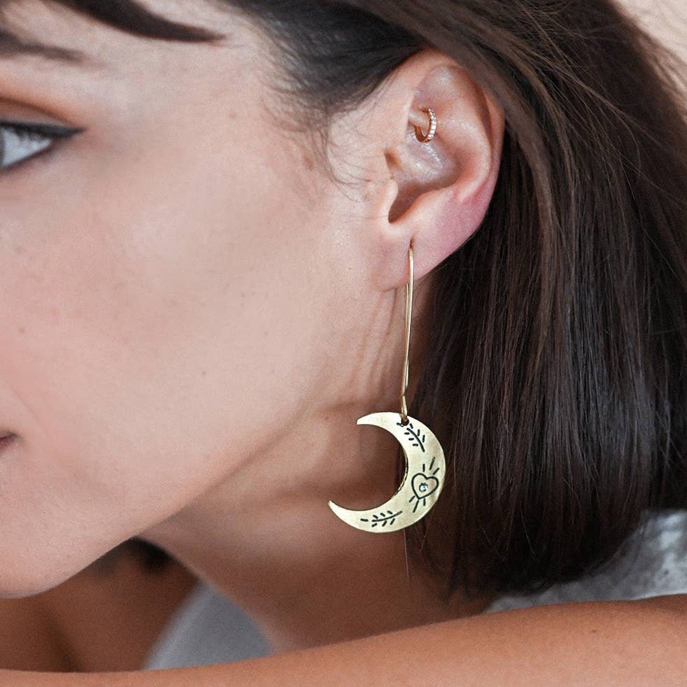 Ruchi Crescent Moon Gold Dangle Earrings - Recetas Fair Trade