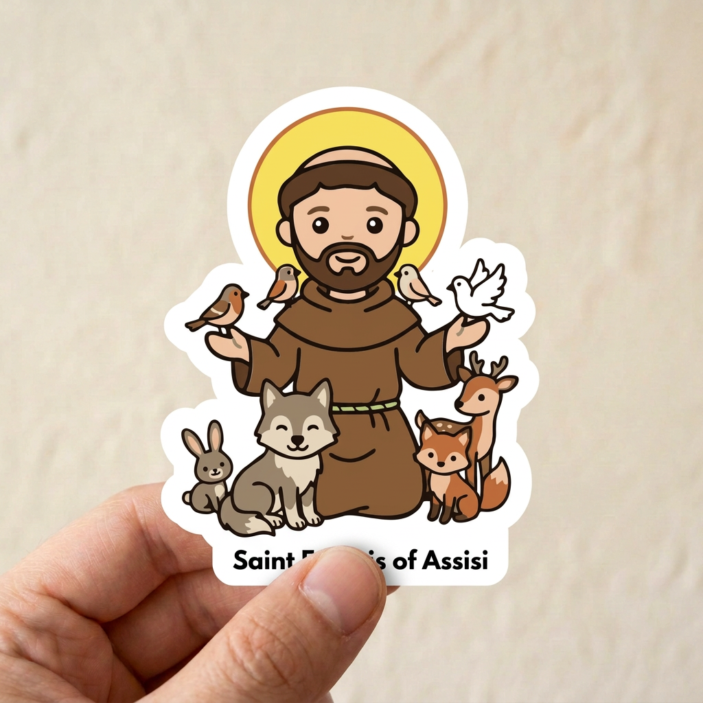 Saint Francis of Assisi hand-held sticker mockup
