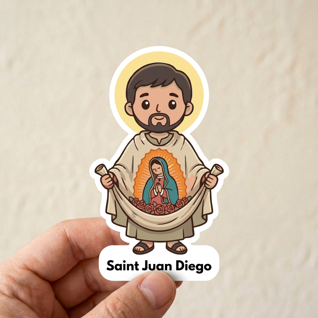 Saint Juan Diego hand-held sticker mockup