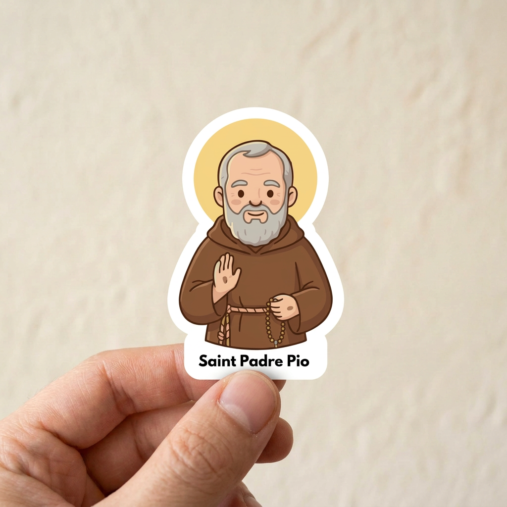 Saint Padre Pio hand-held sticker mockup