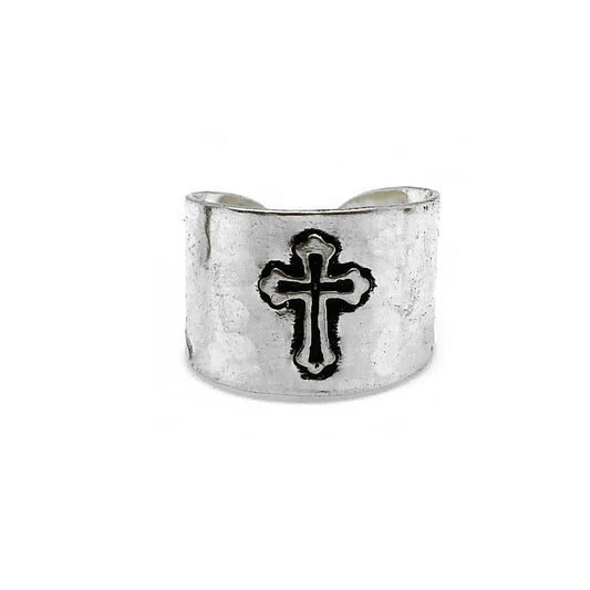 Silver Plated Adjustable Cuff Ring - Cross - Recetas Fair Trade