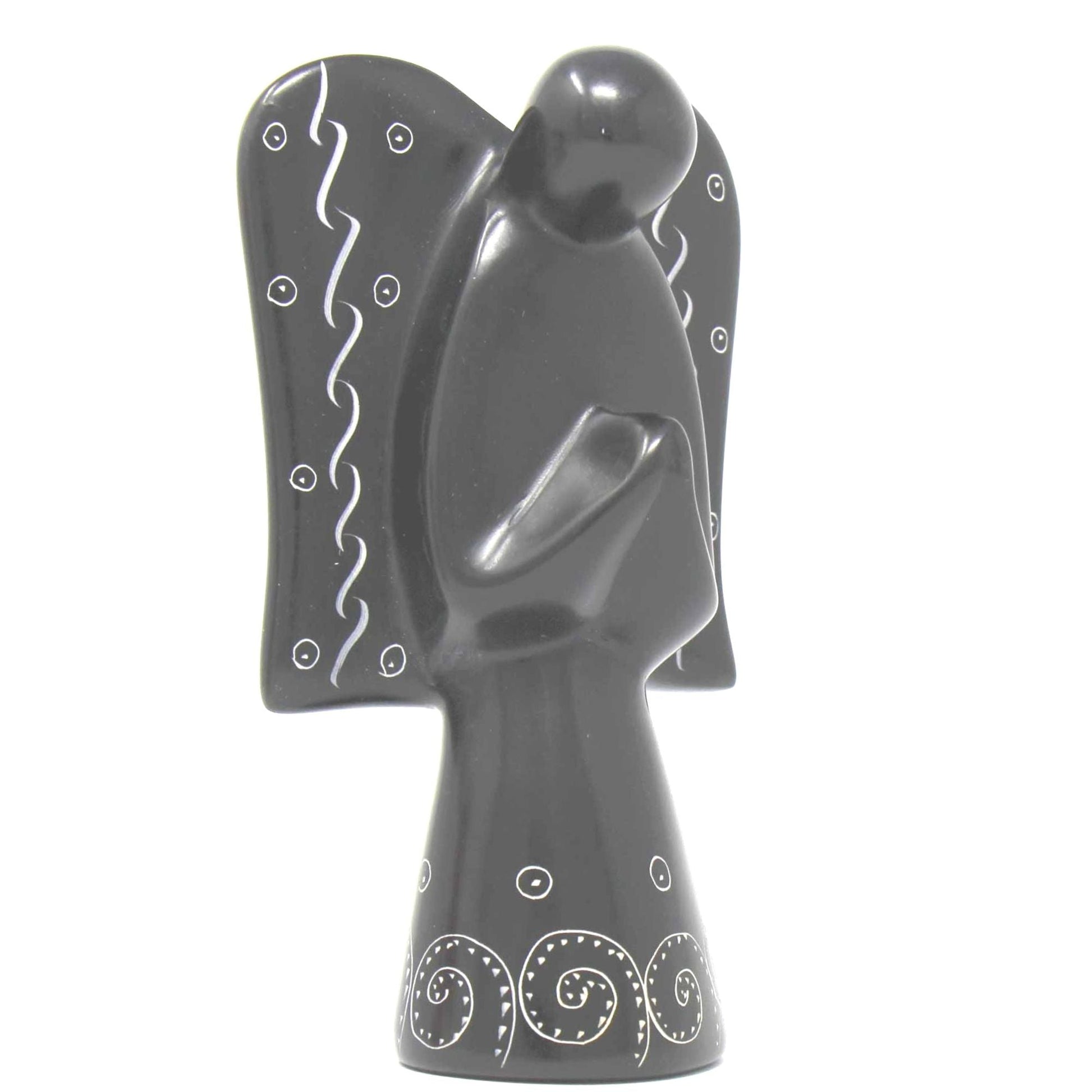 Soapstone Angel Sculpture - Black Finish with Etch Design - Recetas Fair Trade