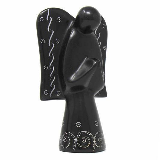 Soapstone Angel Sculpture - Black Finish with Etch Design - Recetas Fair Trade