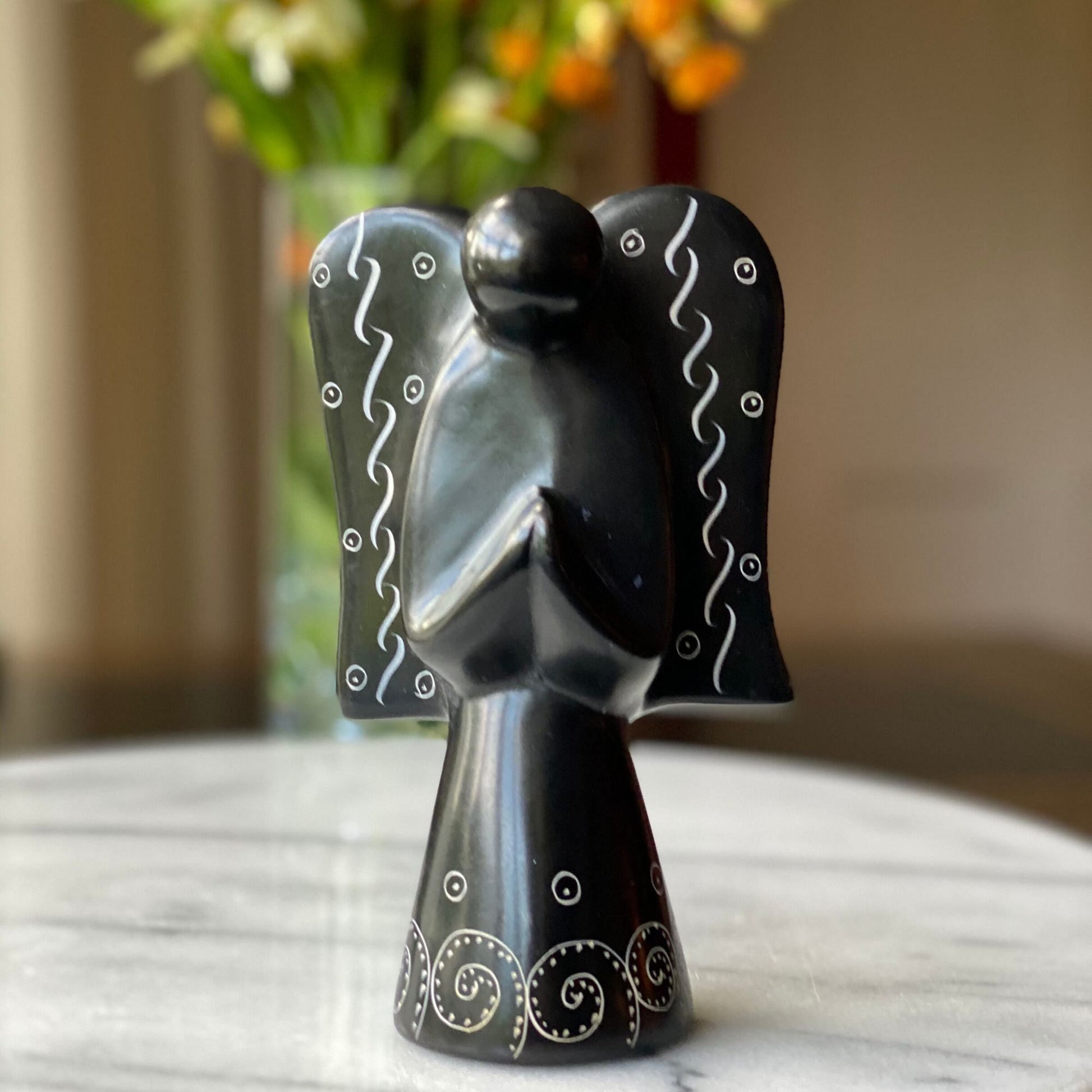 Soapstone Angel Sculpture - Black Finish with Etch Design - Recetas Fair Trade