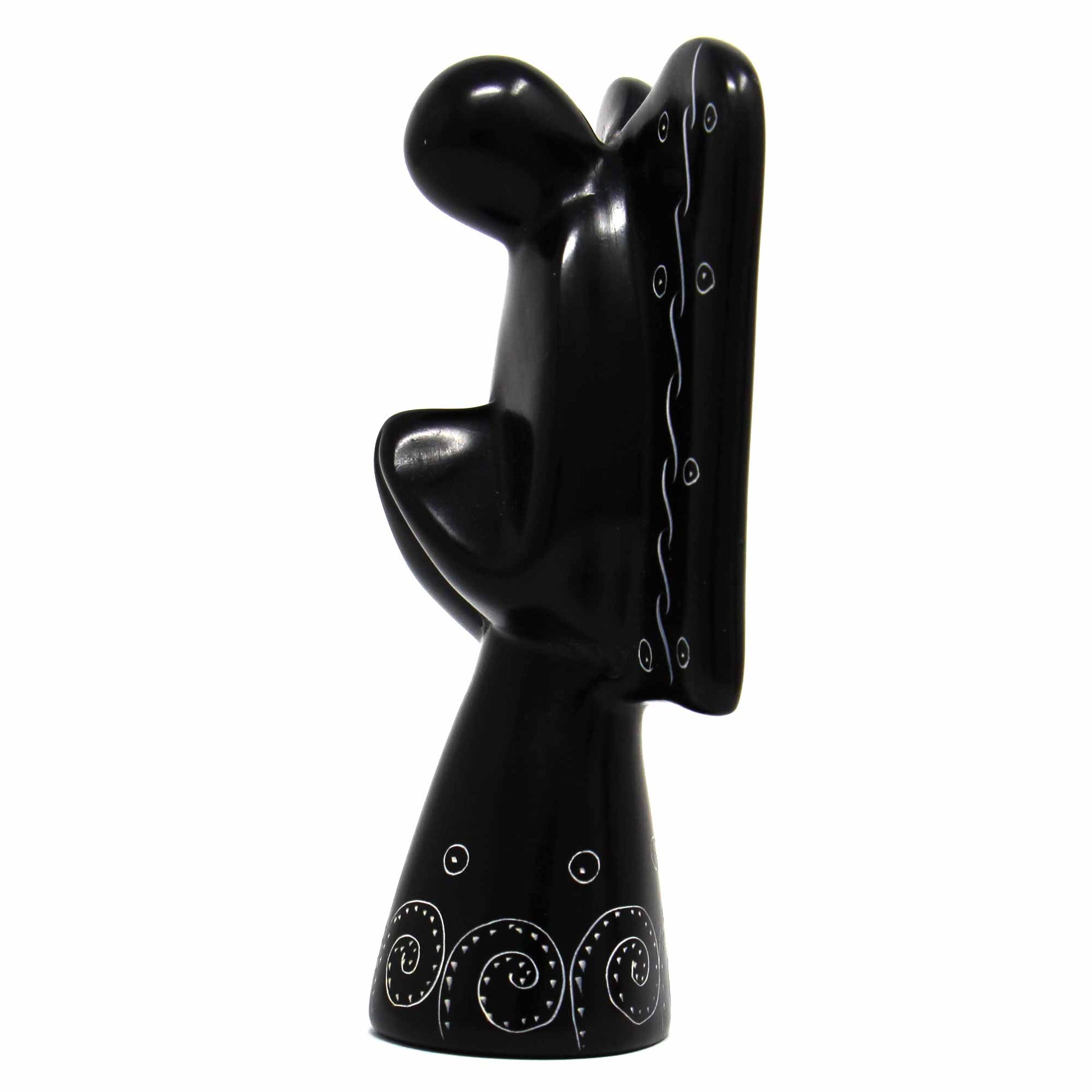 Soapstone Angel Sculpture - Black Finish with Etch Design - Recetas Fair Trade