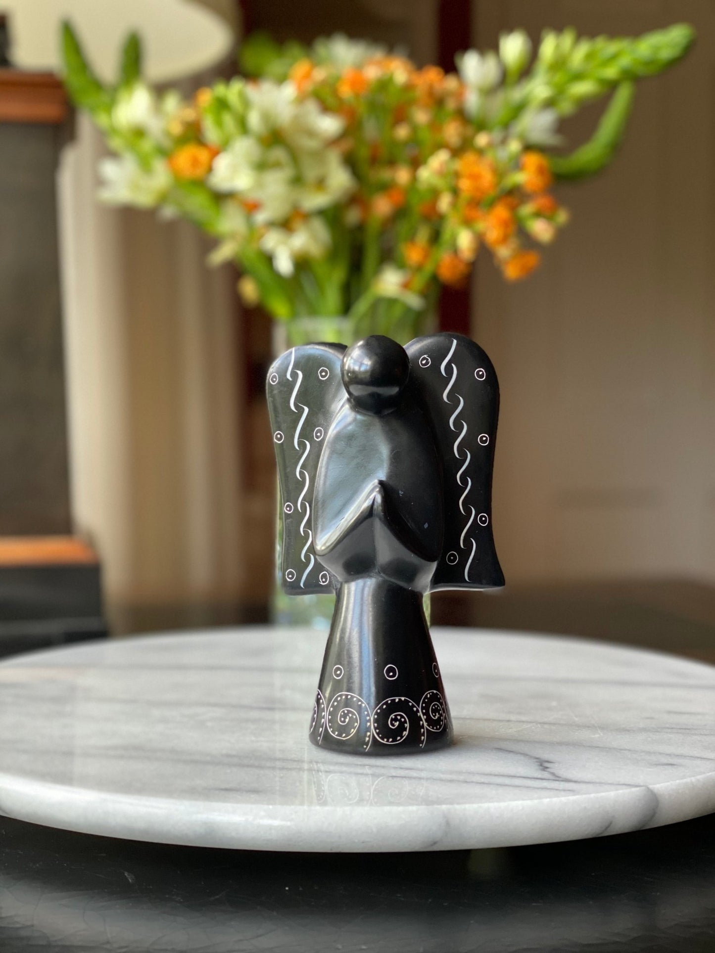 Soapstone Angel Sculpture - Black Finish with Etch Design - Recetas Fair Trade