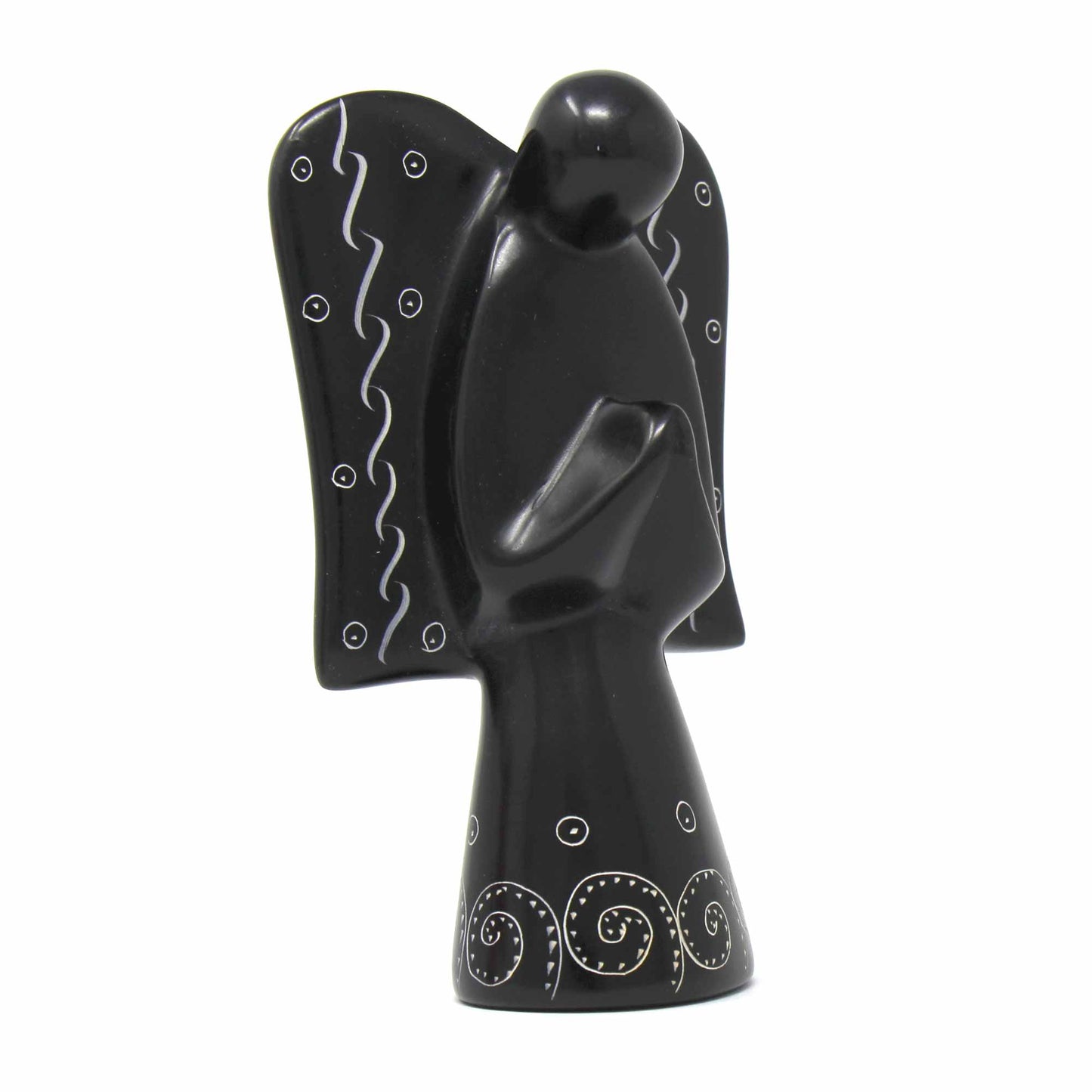 Soapstone Angel Sculpture - Black Finish with Etch Design - Recetas Fair Trade