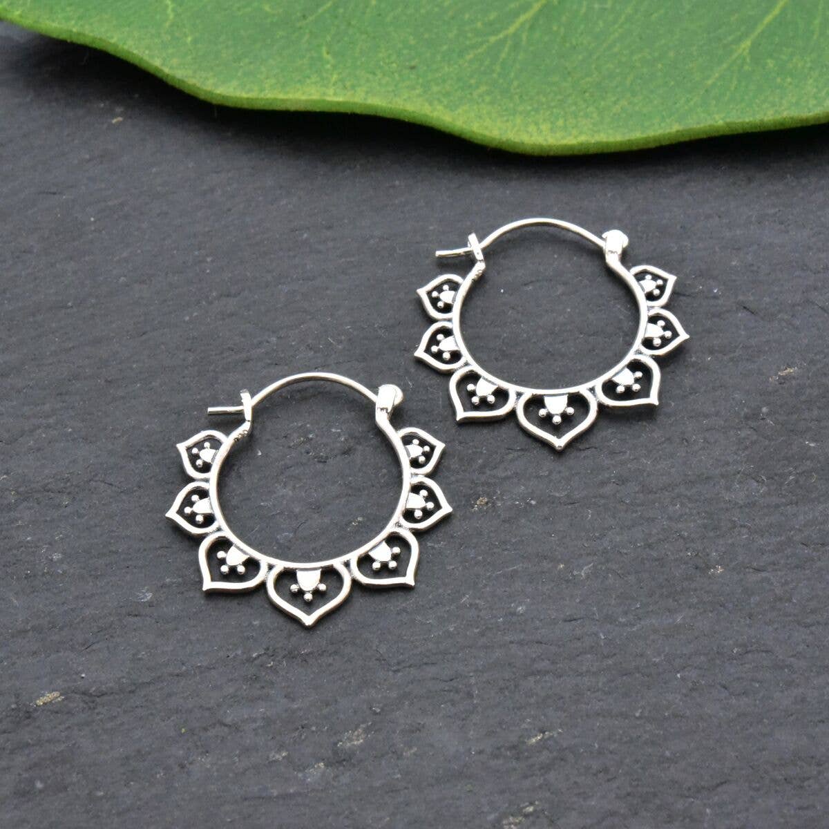 Sterling Silver Lotus Decorated Drop Hoop Earring - Recetas Fair Trade