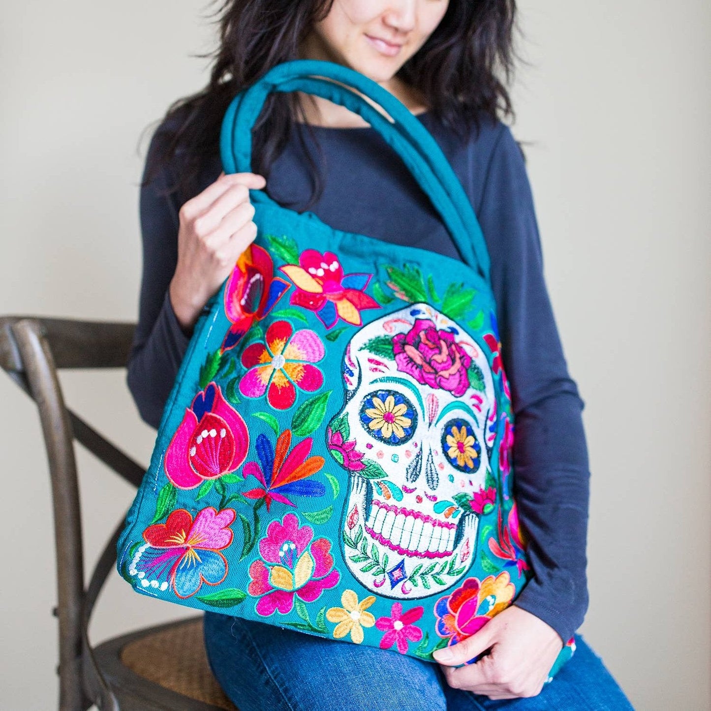 Sugar Skull Skeleton Embroidered Tote Bag - Recetas Fair Trade