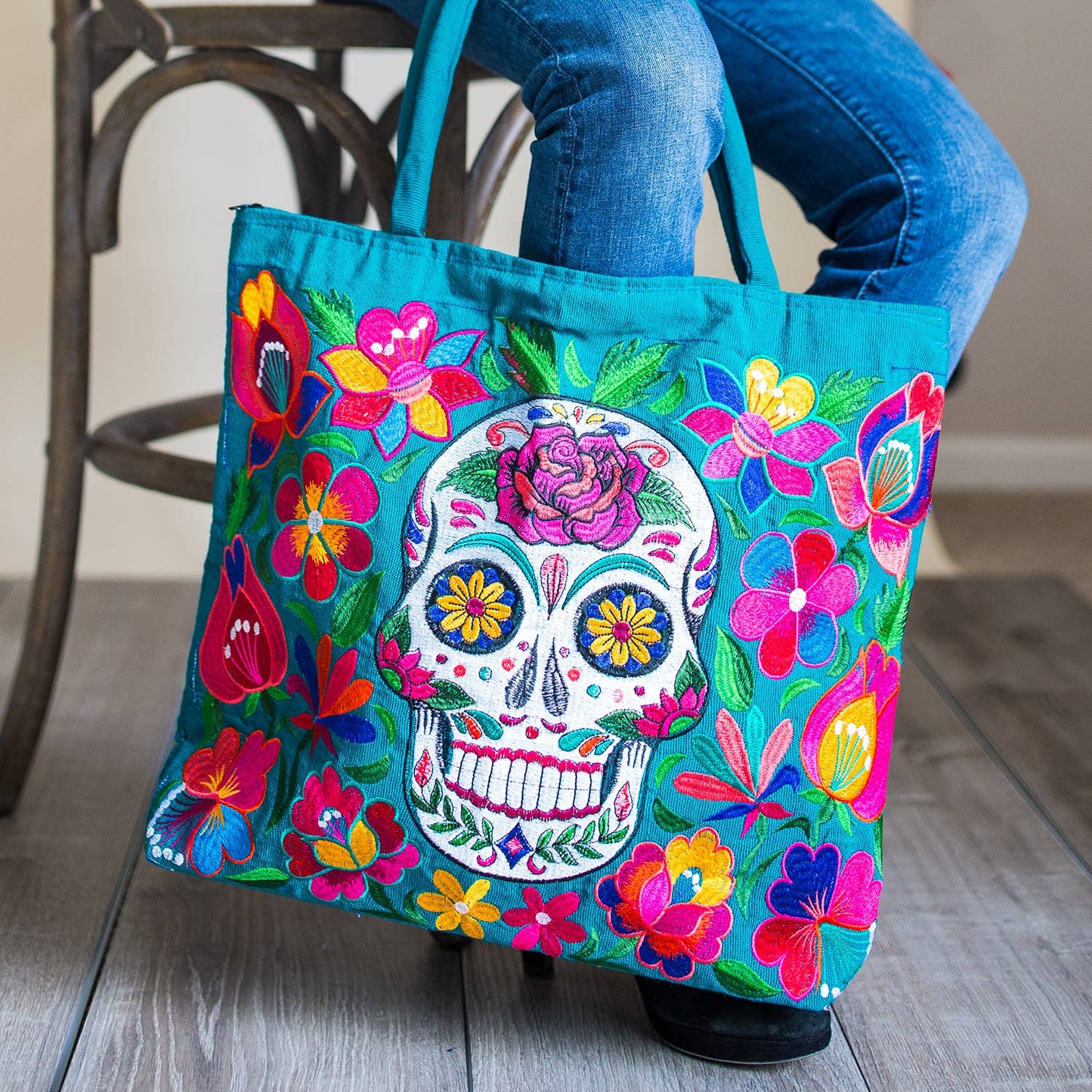 Sugar Skull Skeleton Embroidered Tote Bag - Recetas Fair Trade