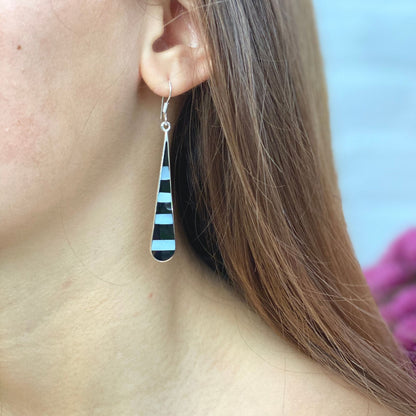 Taxco Silver Black Onyz & Abalone Zebra Long Teardrop Earrings - Recetas Fair Trade