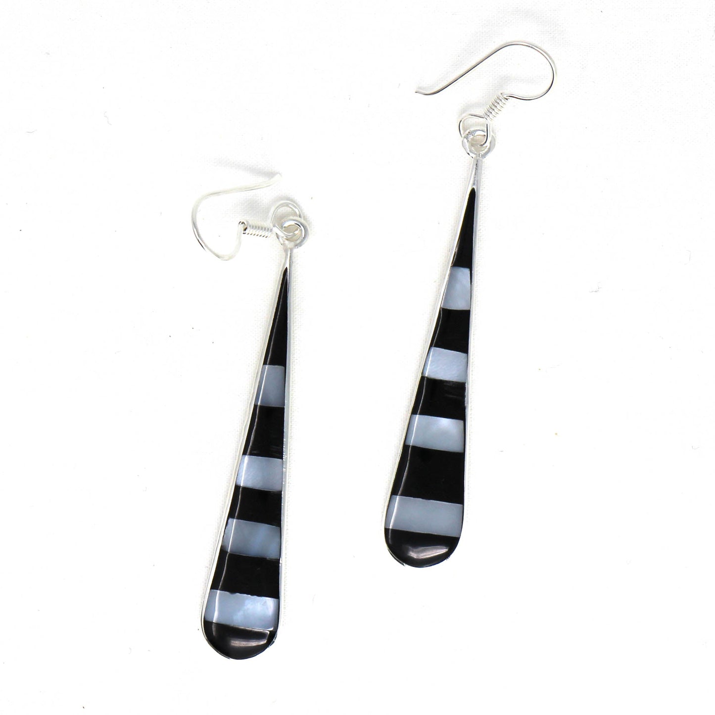Taxco Silver Black Onyz & Abalone Zebra Long Teardrop Earrings - Recetas Fair Trade