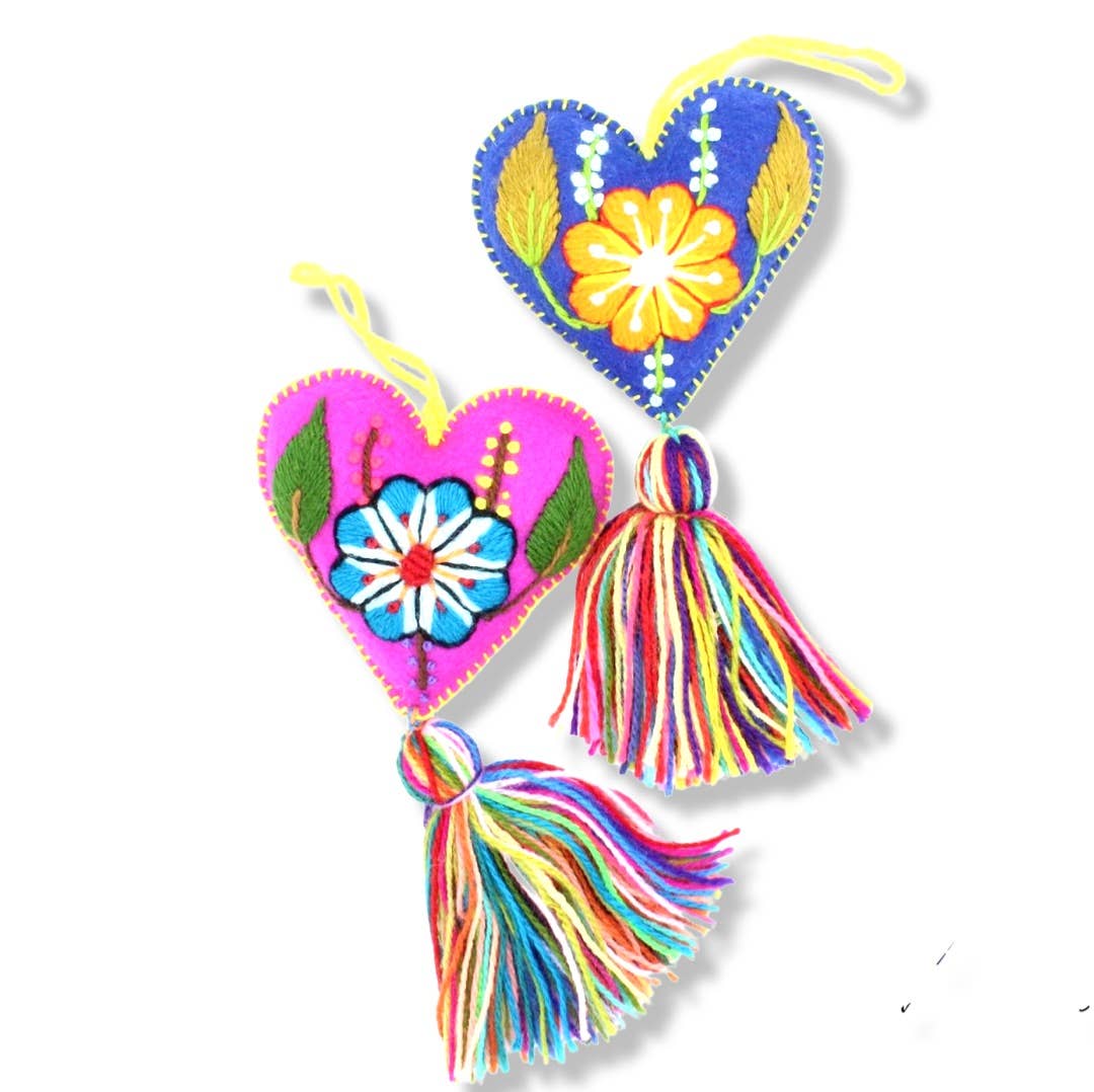 Wool Felted Embroidered Charm Heart - Recetas Fair Trade
